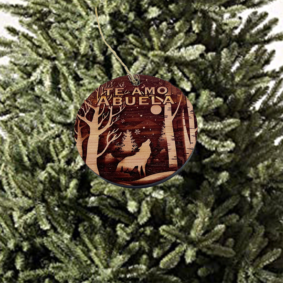 Te Amo Abuela Winter Wolf - Cedar Ornament Te Amo Abuela Winter Wolf - Cedar Ornament
