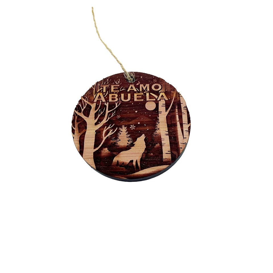 Te Amo Abuela Winter Wolf - Cedar Ornament Te Amo Abuela Winter Wolf - Cedar Ornament