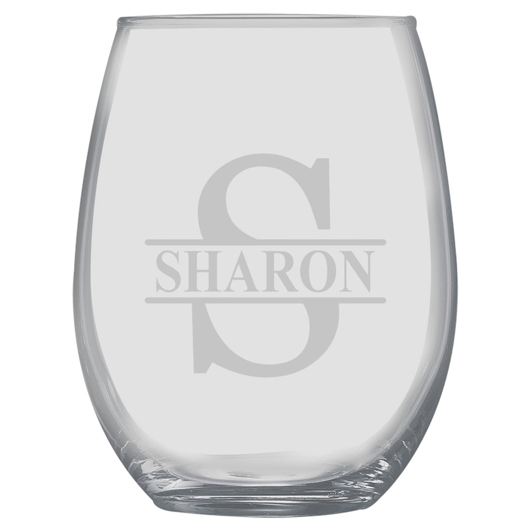15oz PERSONALIZED - Stemless Wine Glass + Coaster - Split letter monogram