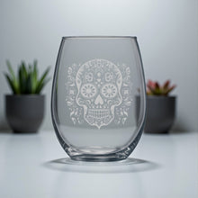 Load image into Gallery viewer, 15oz Stemless Wine Glass - Sugar Skull - Day of the Dead
