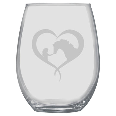 15oz Stemless Wine Glass -  Girl and Horse heart