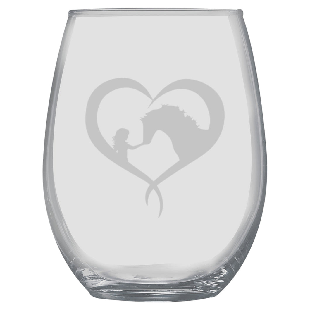 15oz Stemless Wine Glass -  Girl and Horse heart