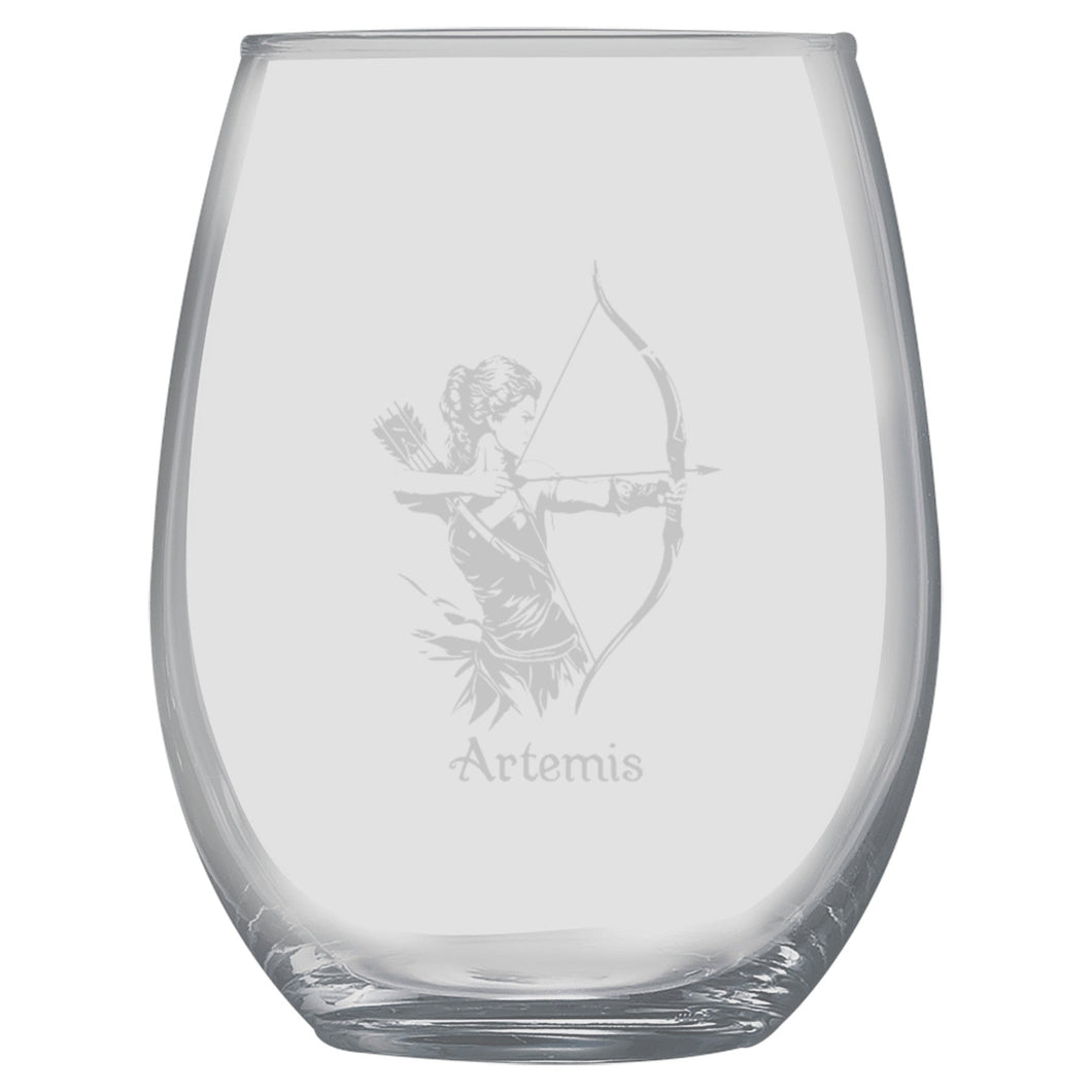15oz Stemless Wine Glass -  Artemis Goddess of the Hunt