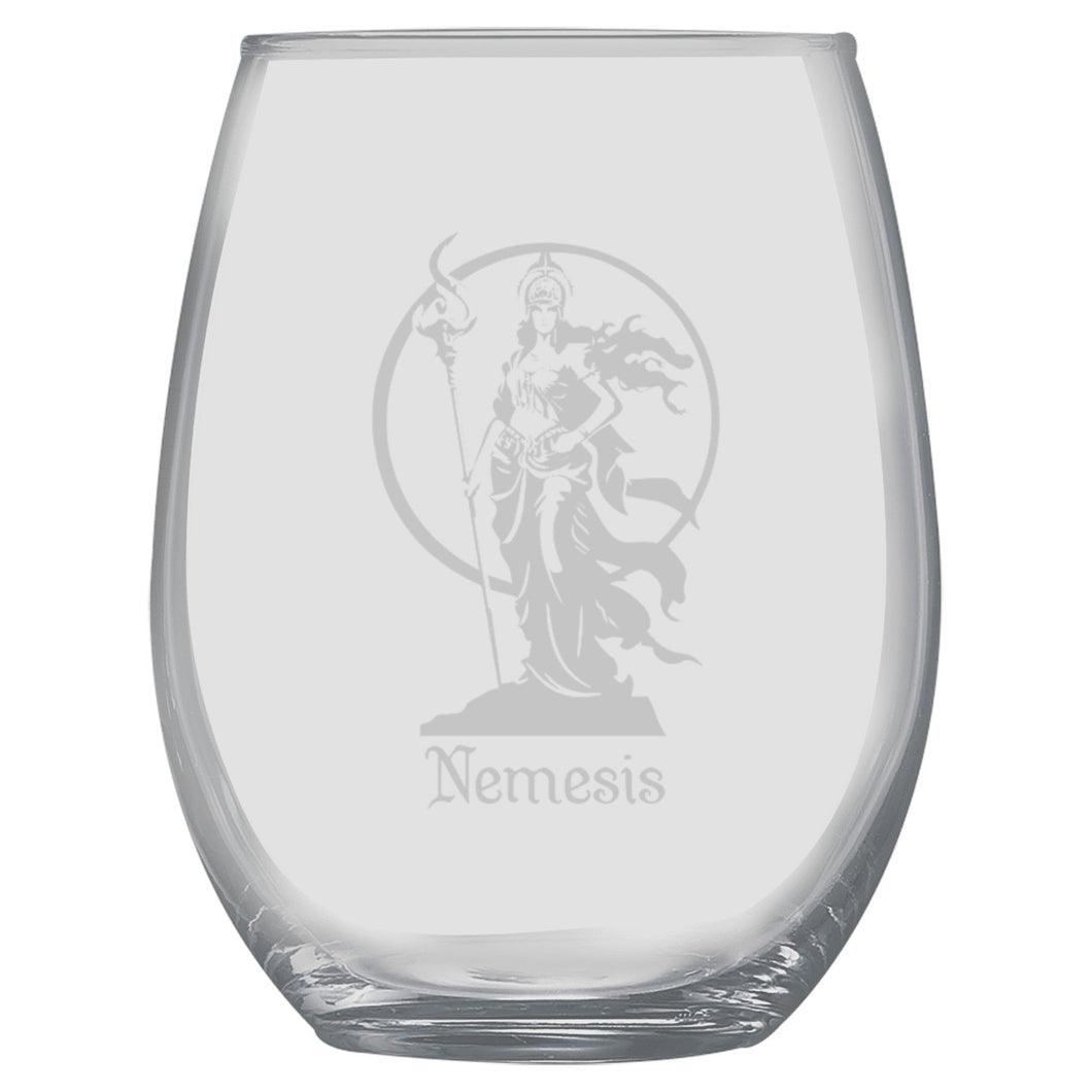 15oz Stemless Wine Glass -  Nemesis Goddess of Revenge