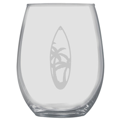 15oz Stemless Wine Glass -  Palm Tree Surfboard