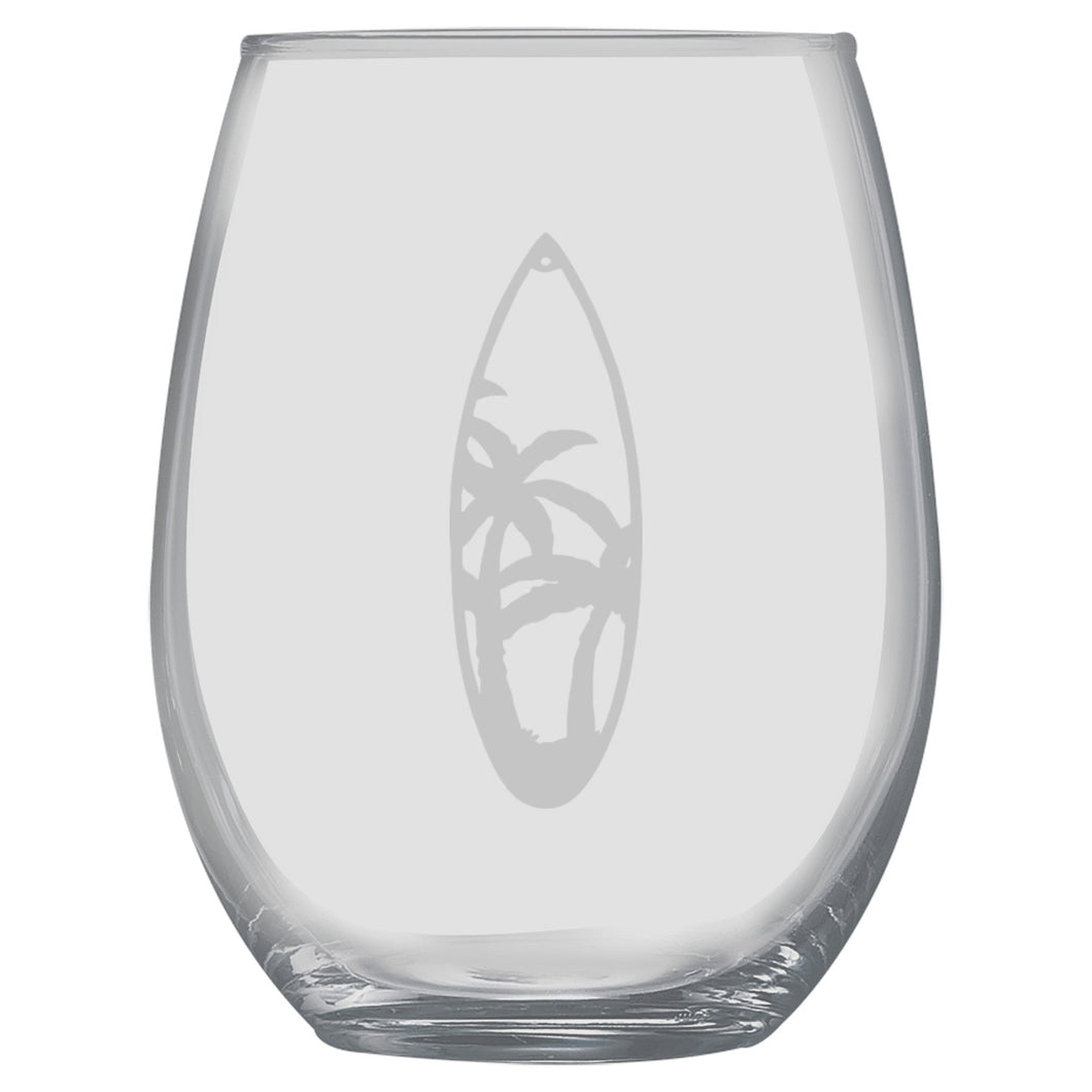 15oz Stemless Wine Glass -  Palm Tree Surfboard