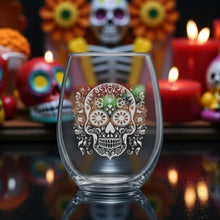 Load image into Gallery viewer, 15oz Stemless Wine Glass - Sugar Skull - Day of the Dead