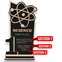 Load image into Gallery viewer, Trophy Award - PERSONALIZED - Science - 1st 2nd 3rd Place - 9x5 Inches