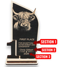 Load image into Gallery viewer, Trophy Award - PERSONALIZED - Highland Cow - 1st 2nd 3rd Place - 9x5 Inches