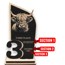 Load image into Gallery viewer, Trophy Award - PERSONALIZED - Highland Cow - 1st 2nd 3rd Place - 9x5 Inches