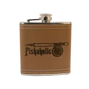 6oz Fishaholic Fly Fishing Leather Flask KLB