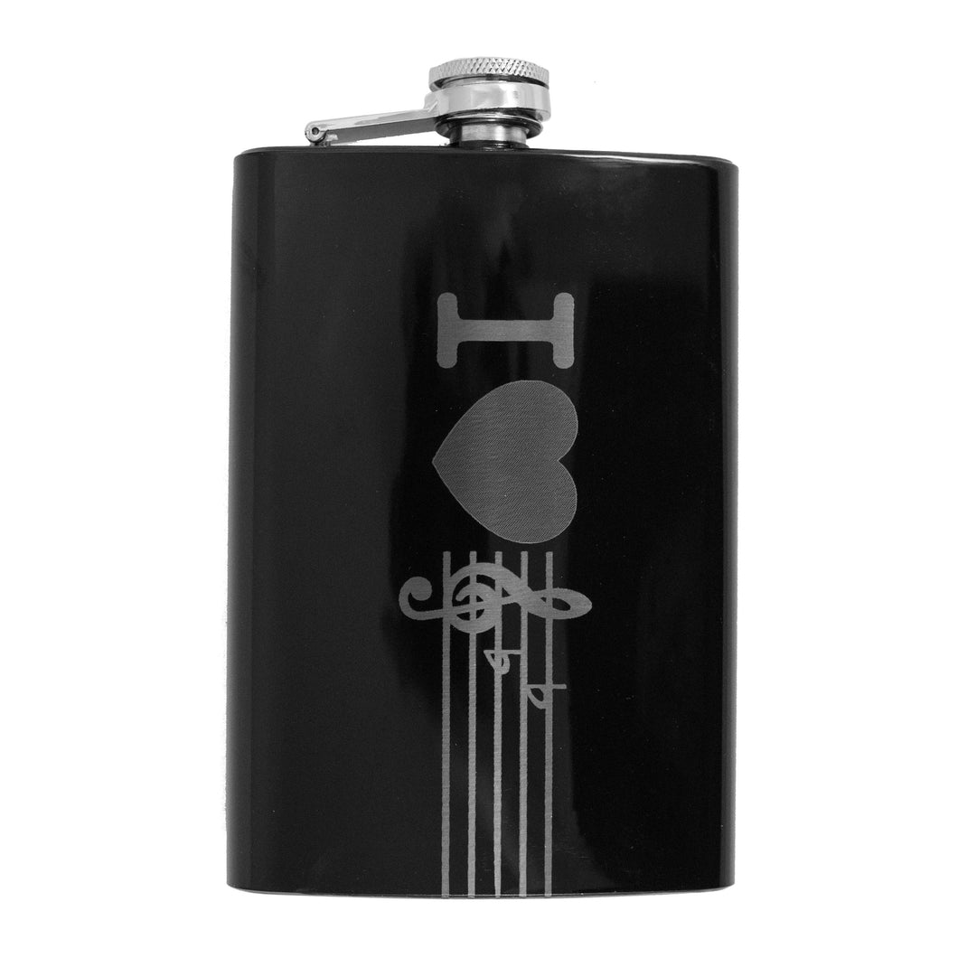 8oz BLACK I Love Music Flask