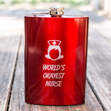 Load image into Gallery viewer, 8oz RED World&#39;s Okayest Nurse Flask