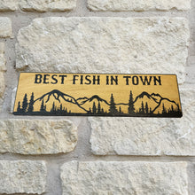 Load image into Gallery viewer, Best Fish in Town Mountain Scene - BLACK Sign 4x12