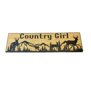 Country Girl Deer Mountain Scene - BLACK Sign 4x12