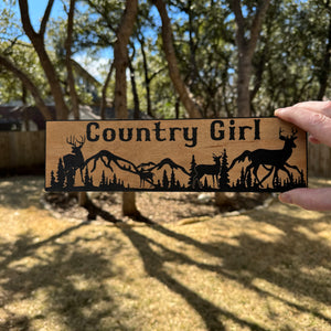 Country Girl Deer Mountain Scene - BLACK Sign 4x12