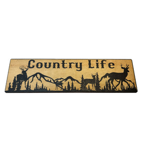 Country Life Deer Mountain Scene - BLACK Sign 4x12