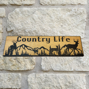 Country Life Deer Mountain Scene - BLACK Sign 4x12