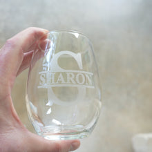 Load image into Gallery viewer, 15oz PERSONALIZED - Stemless Wine Glass + Coaster - Split letter monogram