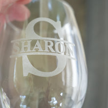 Load image into Gallery viewer, 15oz PERSONALIZED - Stemless Wine Glass + Coaster - Split letter monogram