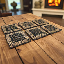 Load image into Gallery viewer, Coaster - BLACK - Fantasy Quotes Coaster Set of 6 Raw Wood