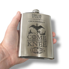 Load image into Gallery viewer, 8oz Come and Bend the Knee Stainless Steel Flask CUSTOM PERSONALIZED