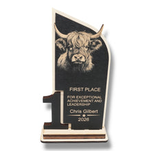 Load image into Gallery viewer, Trophy Award - PERSONALIZED - Highland Cow - 1st 2nd 3rd Place - 9x5 Inches