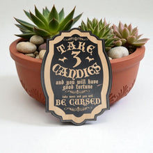 Load image into Gallery viewer, Magnet Sign - BLACK - Take 3 Candies or be Cursed - Black Halloween Door Sign - 15x11 Inches