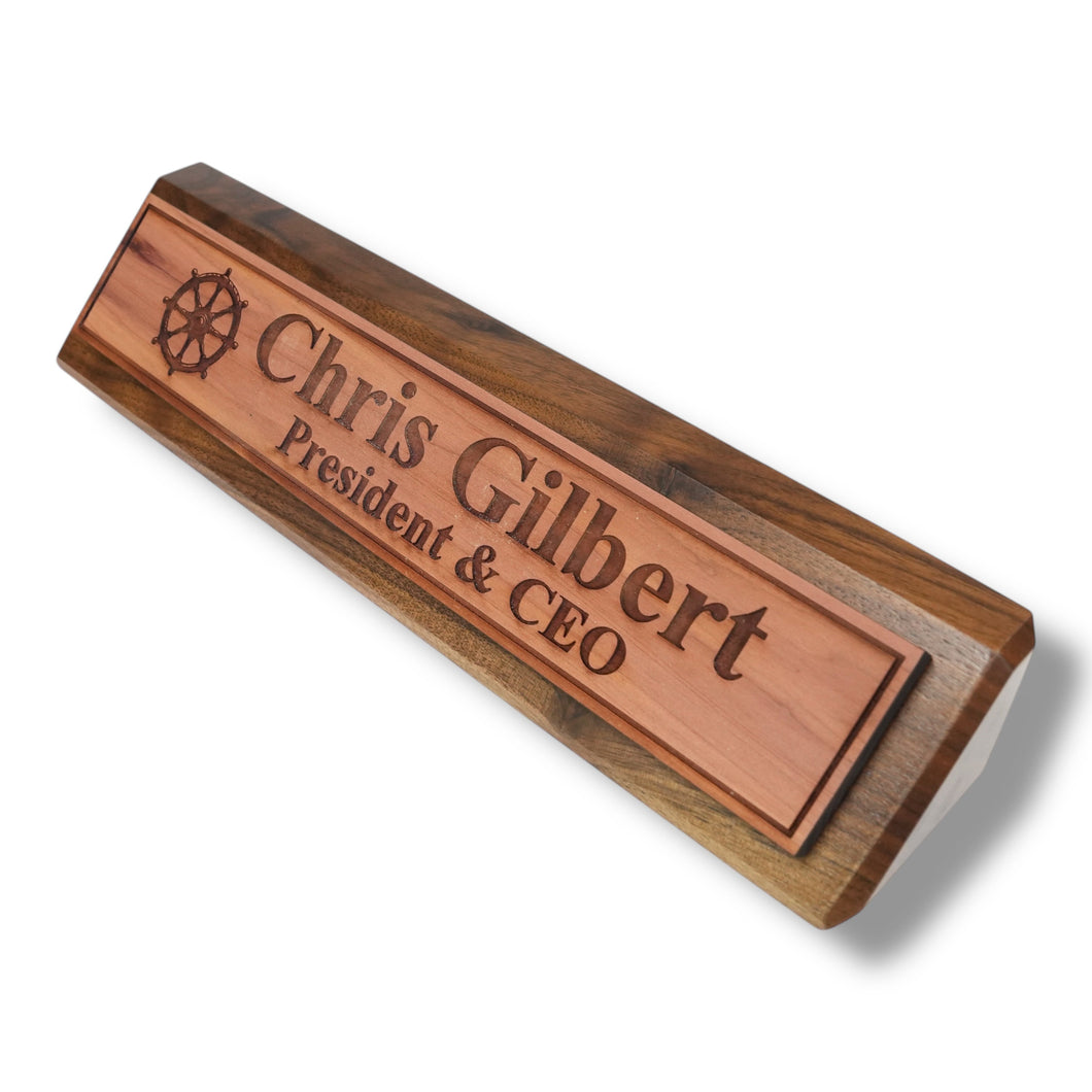 Desk Wedge Name Plate - PERSONALIZED - Ships Wheel - 11 Inches