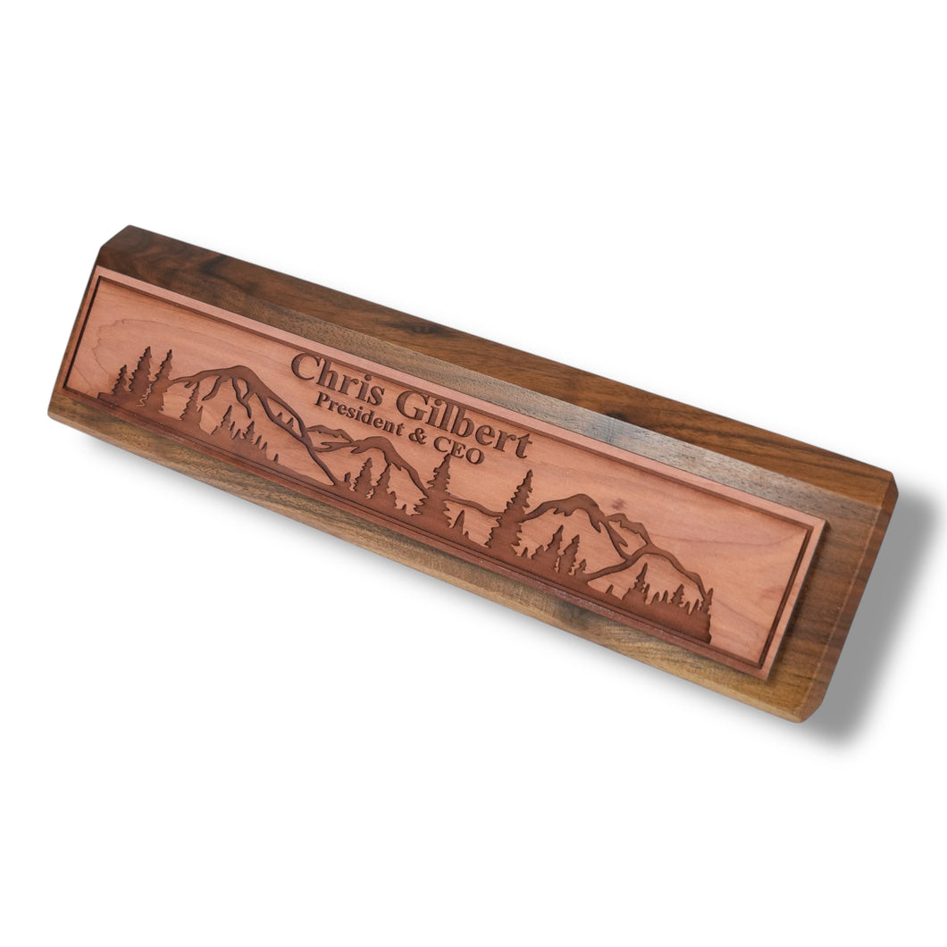 Desk Wedge Name Plate - PERSONALIZED - Mountain Scene - 11 Inches