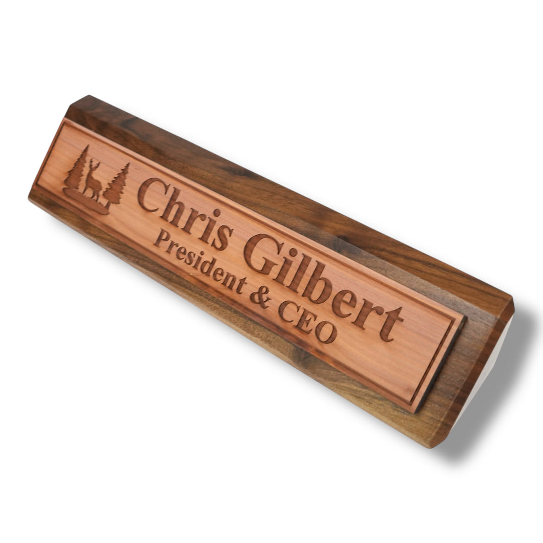 Desk Wedge Name Plate - PERSONALIZED - Deer Scene - 11 Inches
