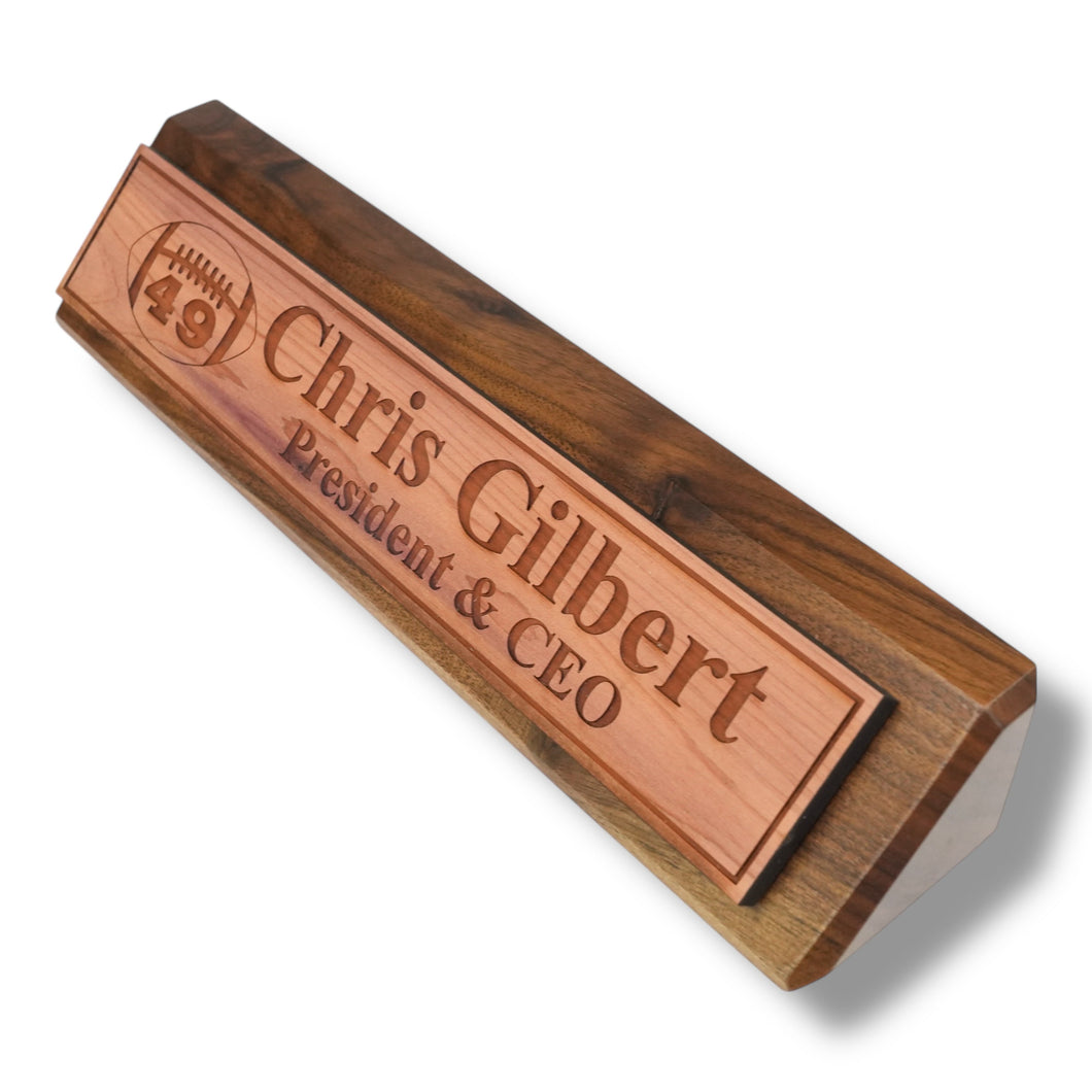 Desk Wedge Name Plate - PERSONALIZED - Football - WITH YOUR NUMBER - 11 Inches