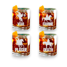 Load image into Gallery viewer, 4 Horsemen of the Apocalypse - set Flight Board with 4ea Rocks Glasses, shot glasses, Rawhide keychains, Cedar Coasters
