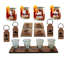 Load image into Gallery viewer, 4 Horsemen of the Apocalypse - set Flight Board with 4ea Rocks Glasses, shot glasses, Rawhide keychains, Cedar Coasters