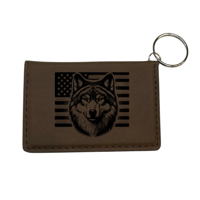 Keychain ID Holder Wallet - Wolf and US Flag - Leather