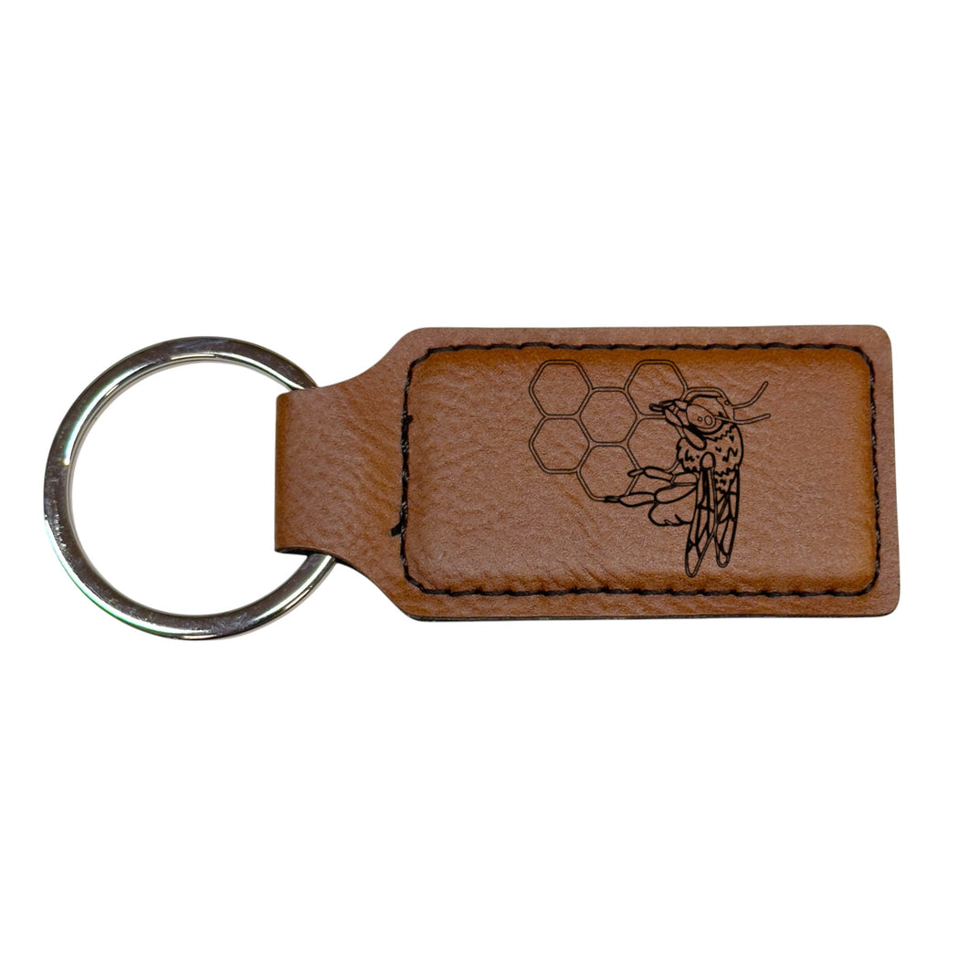 Keychain - Rectangle - Bee and Beehive - Leather