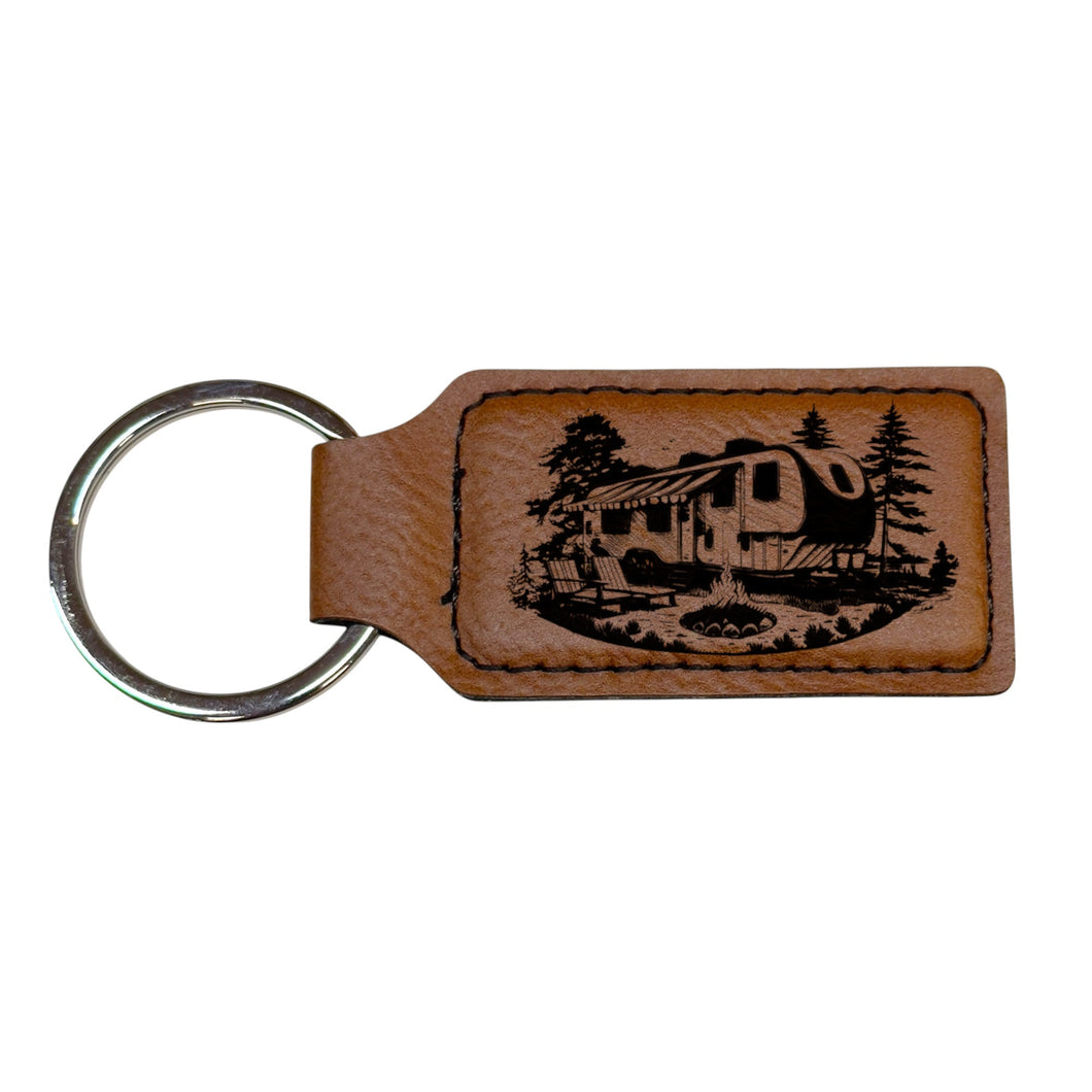 Keychain - Rectangle - Camping RV - Leather