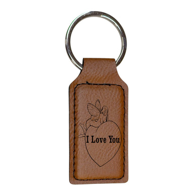 Keychain - Rectangle - I love you with Fairie on Heart - Leather