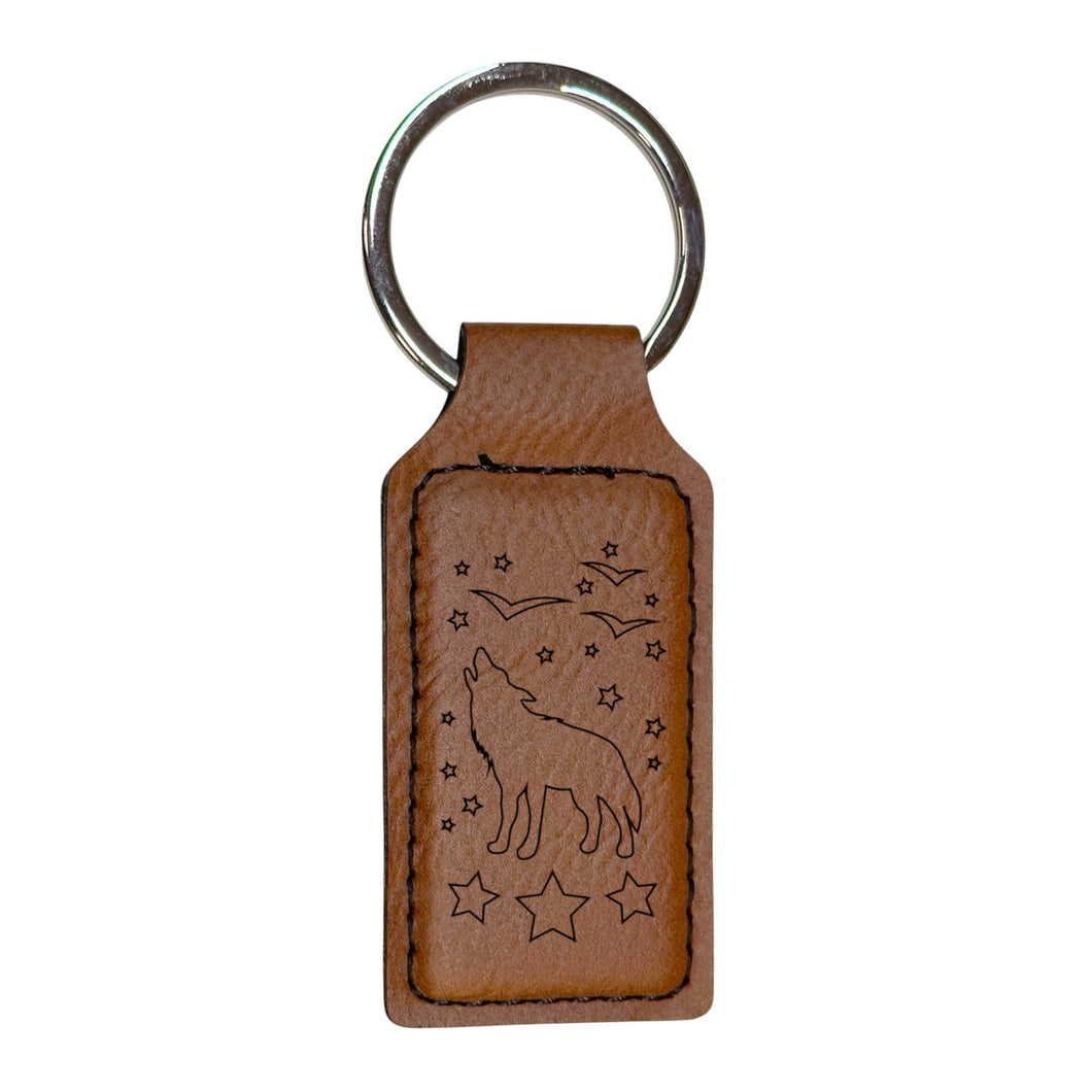 Keychain - Rectangle - Howling Wolf - Leather