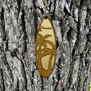 Ornament - Hawaii Palm Tree Surfboard - Raw Wood Maple