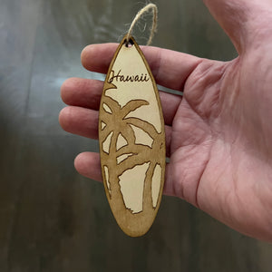 Ornament - Hawaii Palm Tree Surfboard - Raw Wood Maple