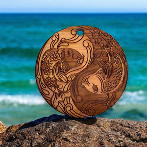 Yin Yang Koi Fish - Raw Cedar Ornament 3x3in