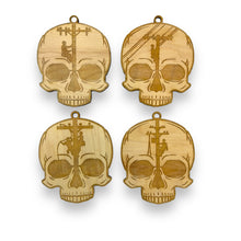 Load image into Gallery viewer, Ornament - Lineman Skulls - Set of 4 - Raw Wood 3x3in