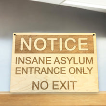 Load image into Gallery viewer, Insane Asylum Entrance only NO EXIT Sign 10X7 Inches