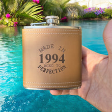 Load image into Gallery viewer, 6oz Made in 1994 Aged to Perfection Leather Flask