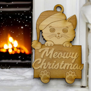 Ornament - Meowy Christmas - Raw Wood 3x4in