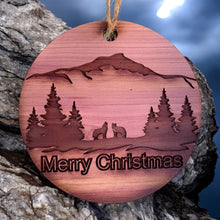 Load image into Gallery viewer, Merry Christmas Howling Wolves - Raw Cedar Ornament 3x3in