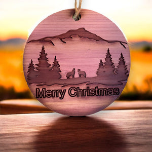 Merry Christmas Howling Wolves - Raw Cedar Ornament 3x3in