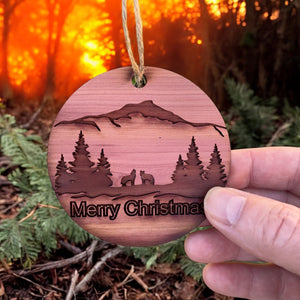 Merry Christmas Howling Wolves - Raw Cedar Ornament 3x3in