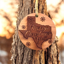 Load image into Gallery viewer, Texas Merry Christmas Y&#39;all - Raw Cedar Ornament 3x3in